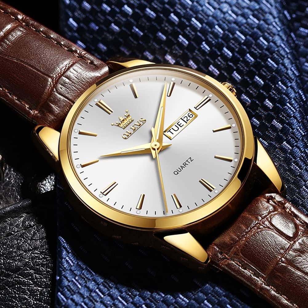 HOTOLEVS Mens Watch Brown Leather Band Dress Watch for Men Quartz Waterproof Men's Wrist Watch 38MM Gold Case Easy to Read Day Date Business Casual Men Watches Gifts for Him Relojes para Hombres