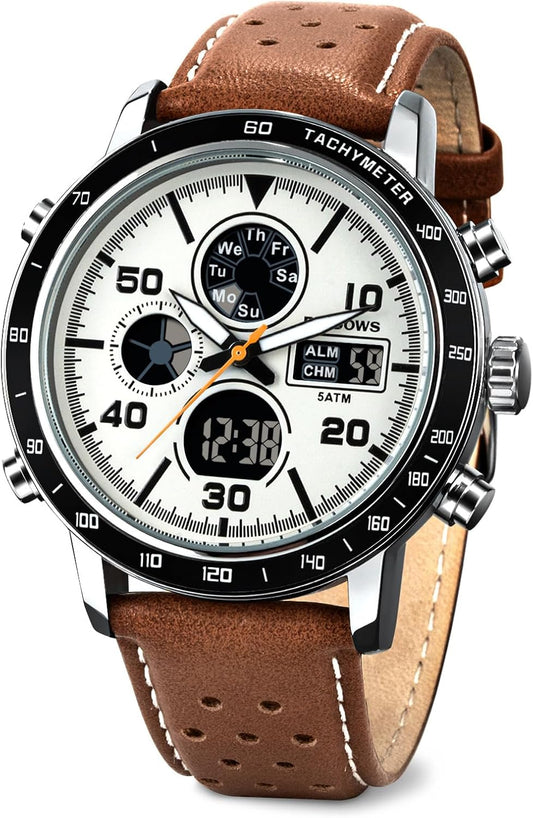 HOTPINDOWS Mens Digital Analog Watches, Multifunction Sport Casual | Dual time display, bright night backlight, daily alarm, precision stopwatch, and splash-proof construction