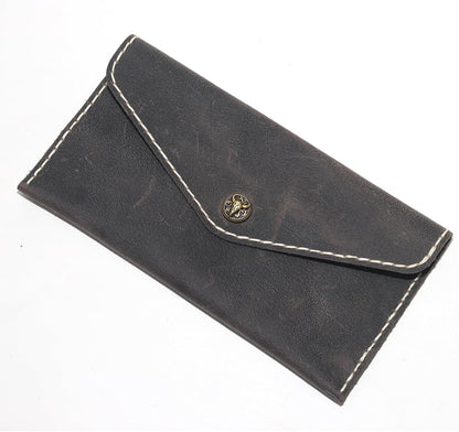 HOTHandcrafted Full-Grain Leather Envelope Wallet Artisan Stitching with Metal Snaps, Slim Card Holder & Cash Organizer (7.5x3.9in) (Black)