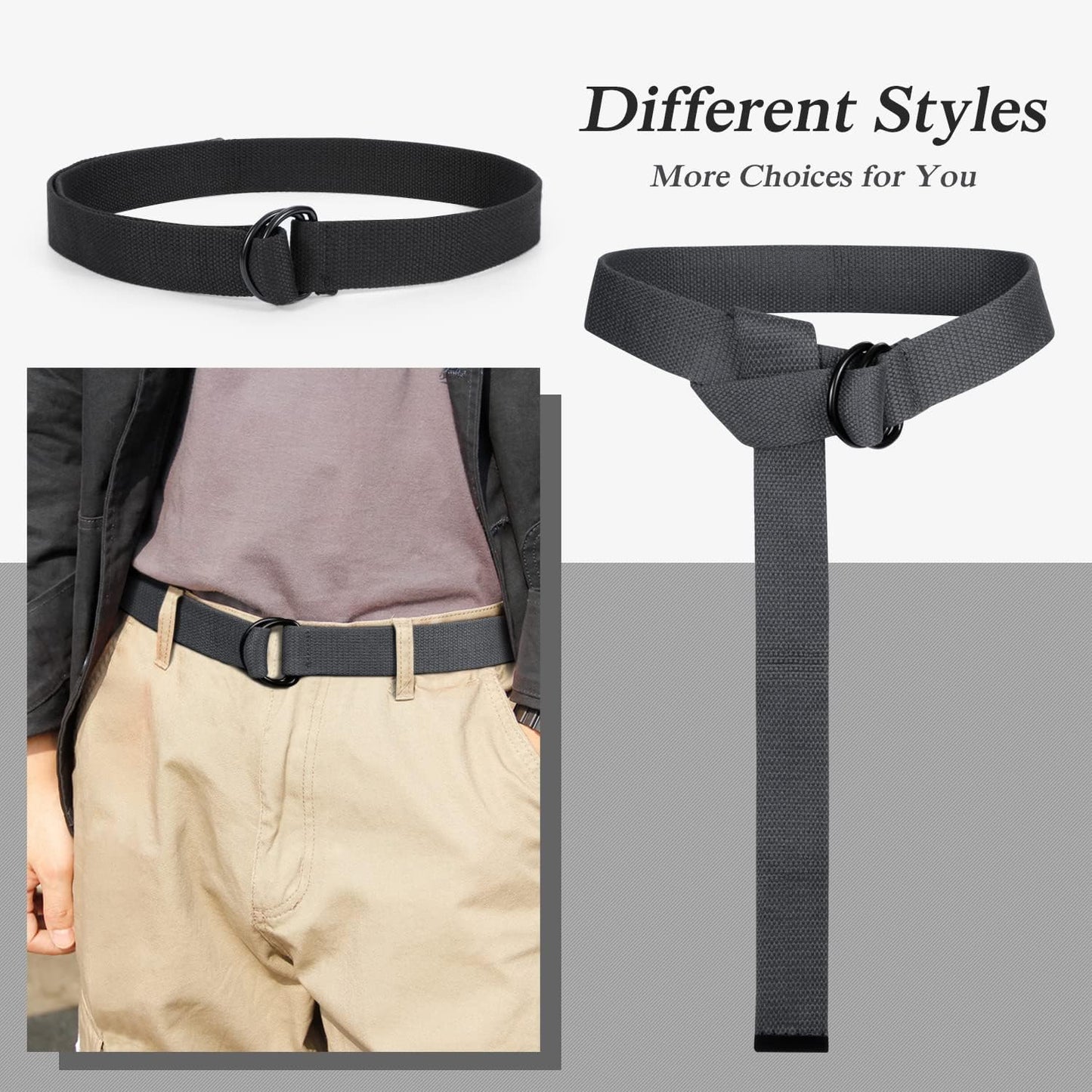 HOTJASGOOD Men Canvas Belt Web Fabric Casual Belt with Black Double D-ring 1 1/2" Wide Set of 2