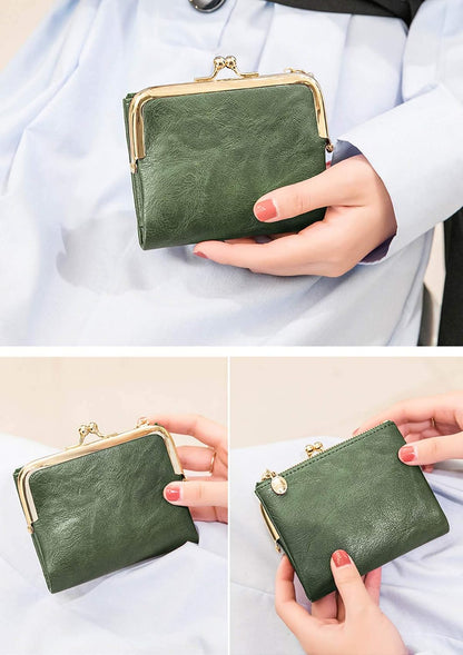 HOTPofeeXIO Womens Wallet RFID Small Compact Bifold Leather Vintage Wallet,Ladies Coin Purse with Zipper and Kiss Lock