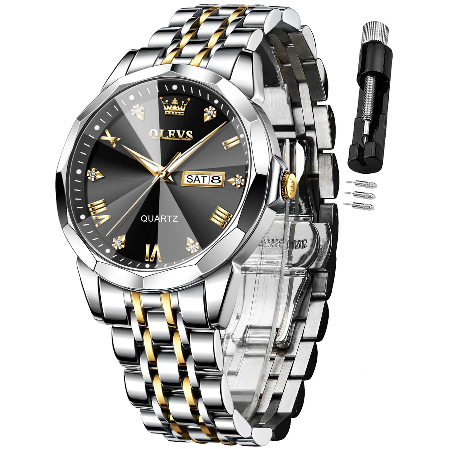 HOTOLEVS Watch for Men Diamond Business Dress Analog Quartz Stainless Steel Waterproof Luminous Date Two Tone Luxury Casual Wrist Watch Blue