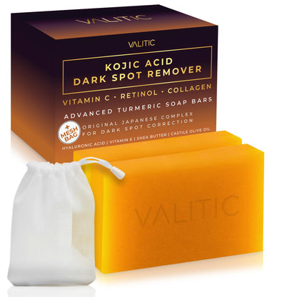 HOTVALITIC Kojic Acid Dark Spot Remover Soap Bars with Vitamin C, Retinol, Collagen, Turmeric - Original Japanese Complex Infused with Hyaluronic Acid, Vitamin E, Shea Butter, Castile Olive Oil (2 Pack)