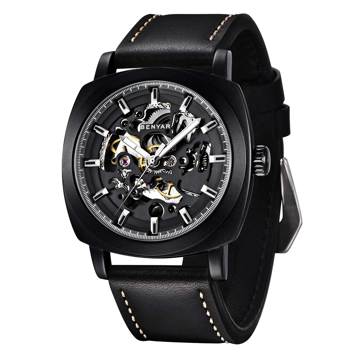 HOTBENYAR Men's Mechanical Automatic Watch | Leather Strap | Gold Movement | 45mm Skeleton Dial | Water Resistant and Scratch Resistant Stylish Gift
