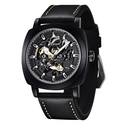 HOTBENYAR Men's Mechanical Automatic Watch | Leather Strap | Gold Movement | 45mm Skeleton Dial | Water Resistant and Scratch Resistant Stylish Gift