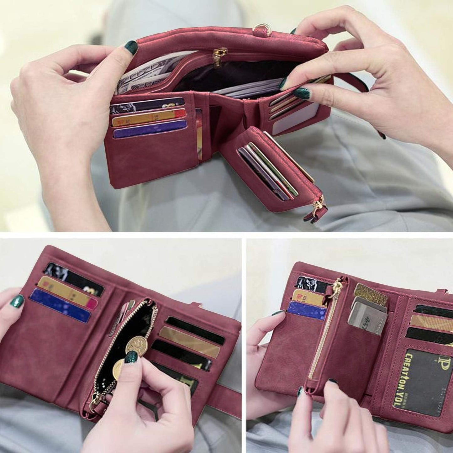 HOTPofeeXIO Womens Small Bifold Leather Wallets RFID Ladies Wristlet with Card Slots id Window Zipper Coin Purse | Small