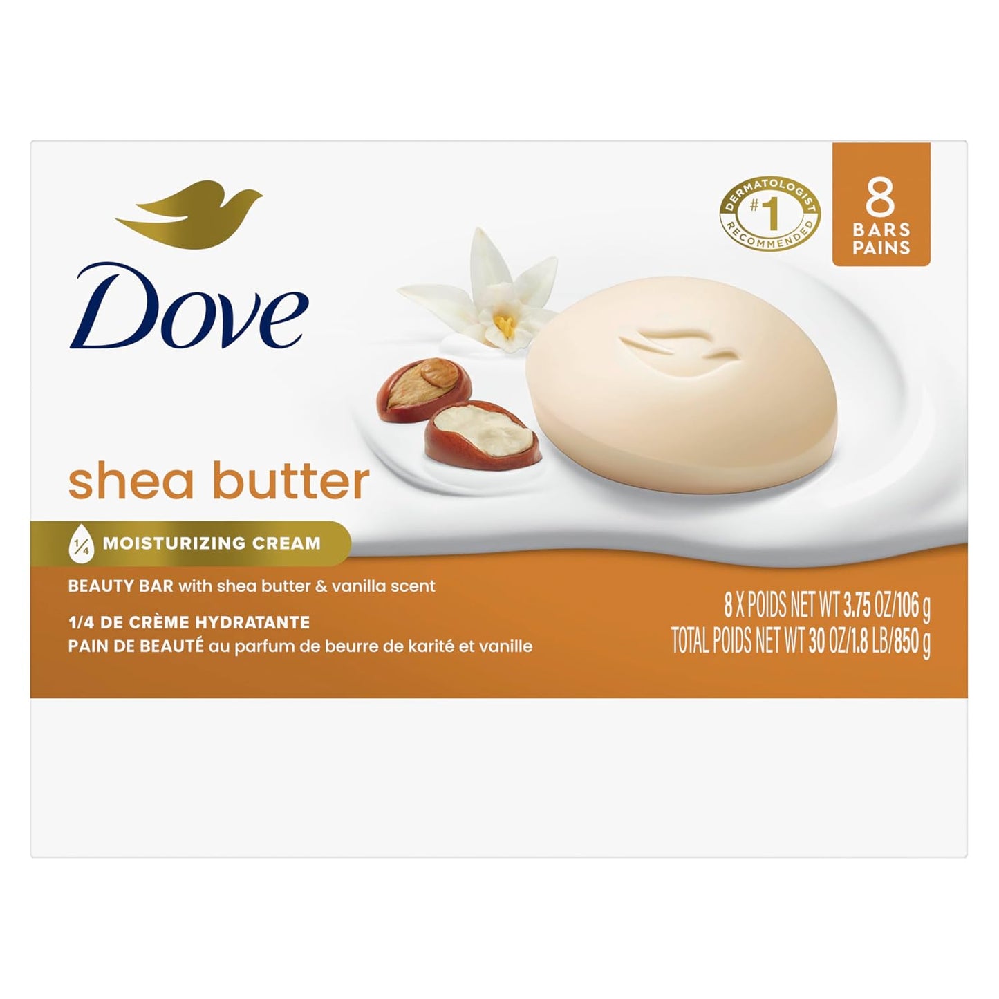 HOTDove Shea Butter Beauty Bar Soap 8 Count, Nourishing Cleanser, 3.75 oz I Moisturizing beauty bar with ¼ moisturizing cream and shea butter for soft, radiant skin