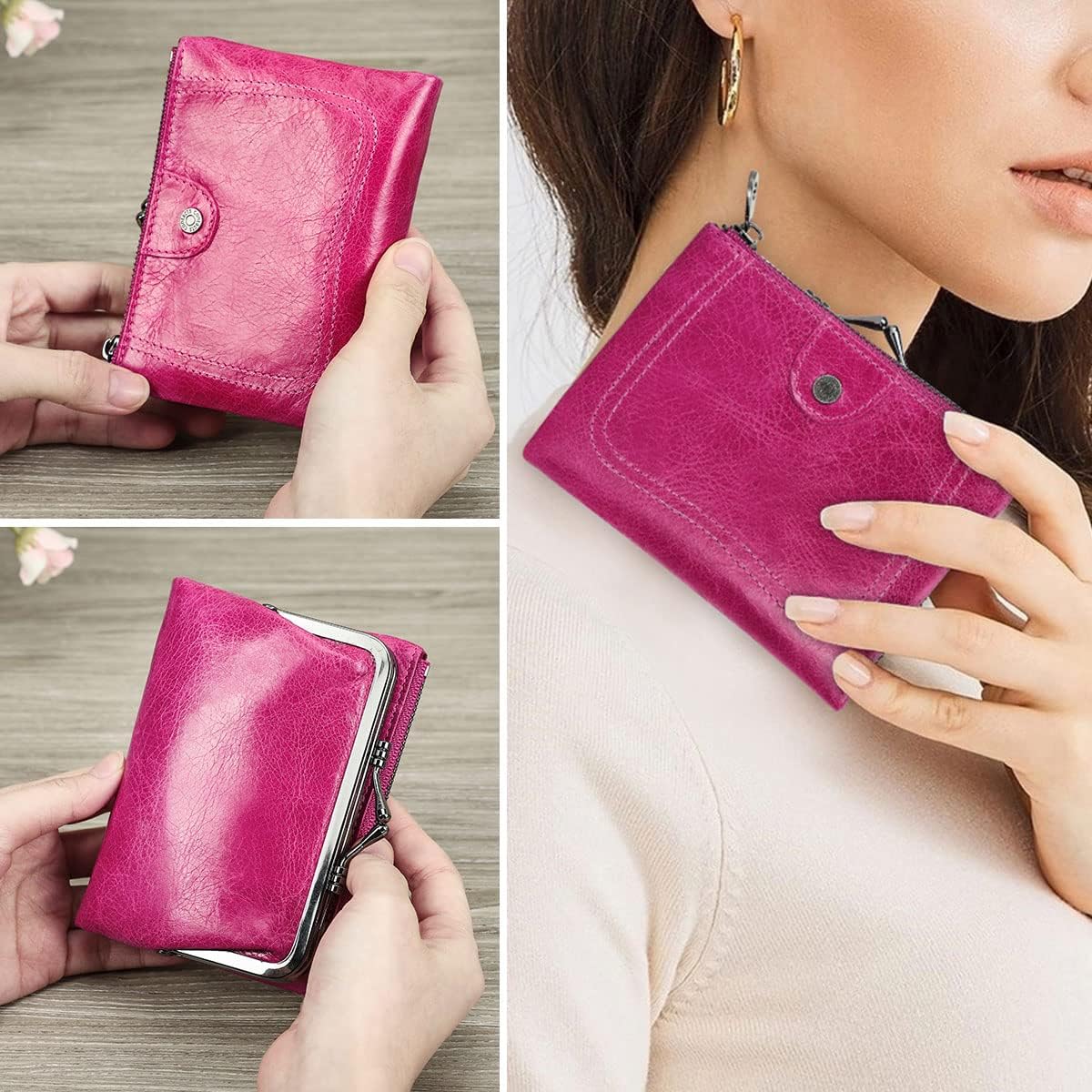HOTCONTACTS Womens Kiss Lock Wallet Leather Small Zipper Coin Purse for Women Bifold Rfid Clasp Wallet Card Holder with Photo Window