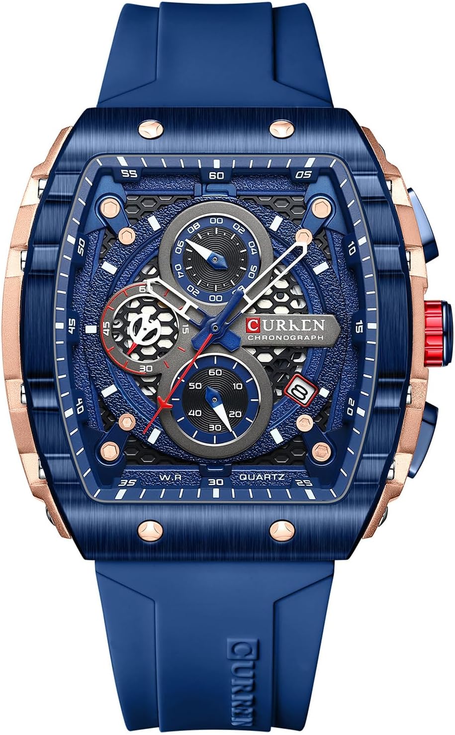 HOTPASOY Men's Chronograph Watch, Big Face, Tonneau Case, Rubber Strap | 47mm analog quartz watch, working chronograph with 1/10-second, second and minute subdials, date, stainless steel case