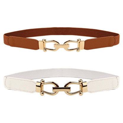 HOTWomen Stretchy Waist Belt, 70cm L Fit 27"-33" Waist 2.5cm W, Retro Elastic Gold Buckle for Ladies Dresses, 2 Pack