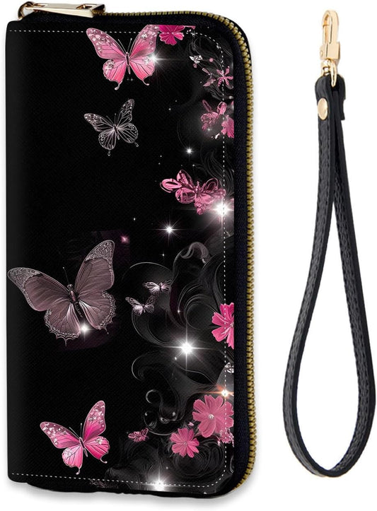 HOTWomen's RFID Blocking Zip Around Wallet with Detachable Wrist Strap, Large Capacity Credit Card Holder Organizer for Everyday Use,Butterflies Flower