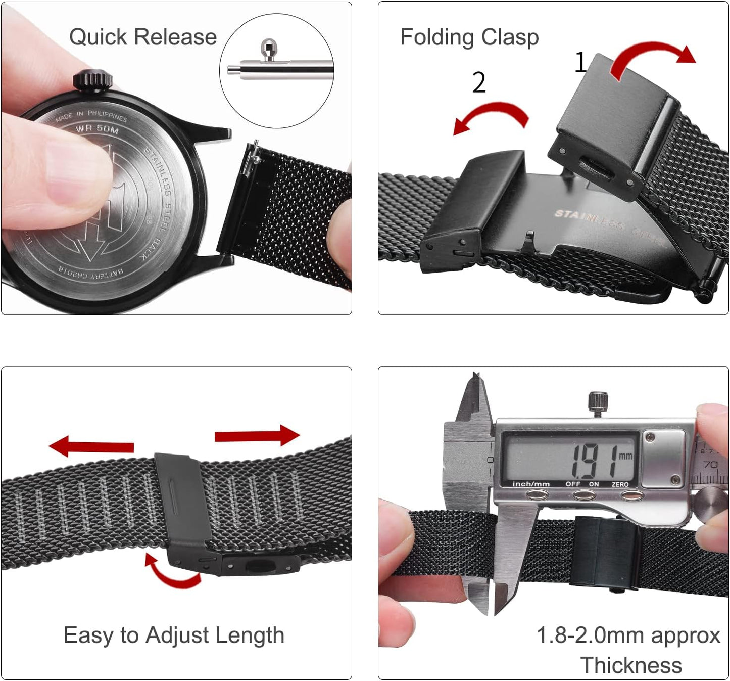 HOTEACHE Stainless Steel Mesh Watch Band for Men Women, Quick Release Mesh Watch Straps 12mm 14mm 16mm 18mm 20mm 22mm