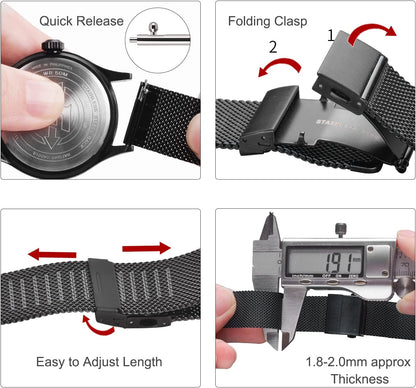 HOTEACHE Stainless Steel Mesh Watch Band for Men Women, Quick Release Mesh Watch Straps 12mm 14mm 16mm 18mm 20mm 22mm