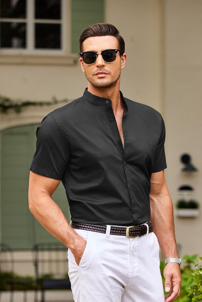 HOTCOOFANDY Muscle Fit Dress Shirts for Men Banded Collar Casual Button Down Shirts