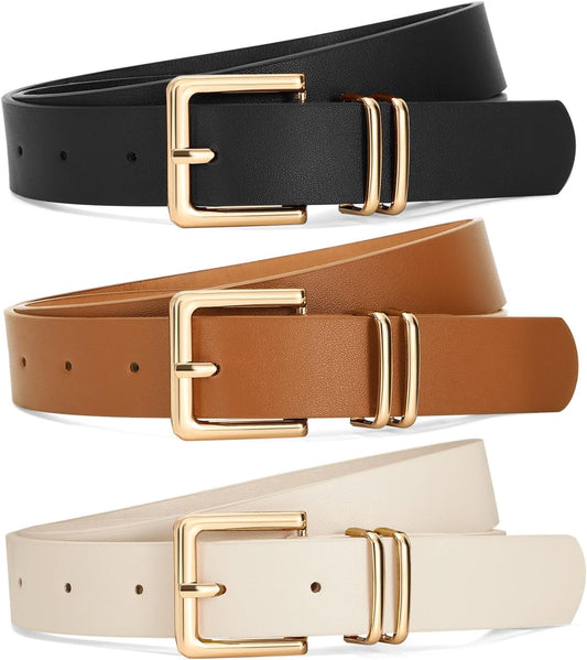 HOTSANSTHS 3 PACK Women Leather Belts for Jeans Pants Dresses Fashion Ladies Waist Belt with Gold Square Buckle