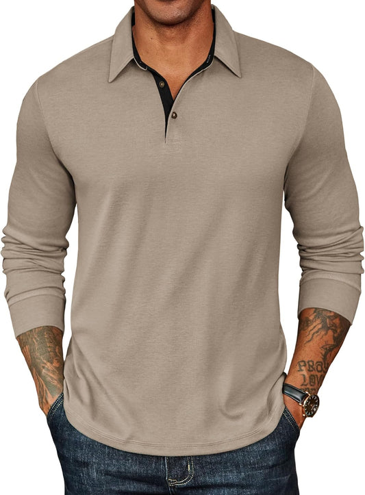 HOTCOOFANDY Mens Long Sleeve Polo Shirts Classic CasualButton Collared PoloTee