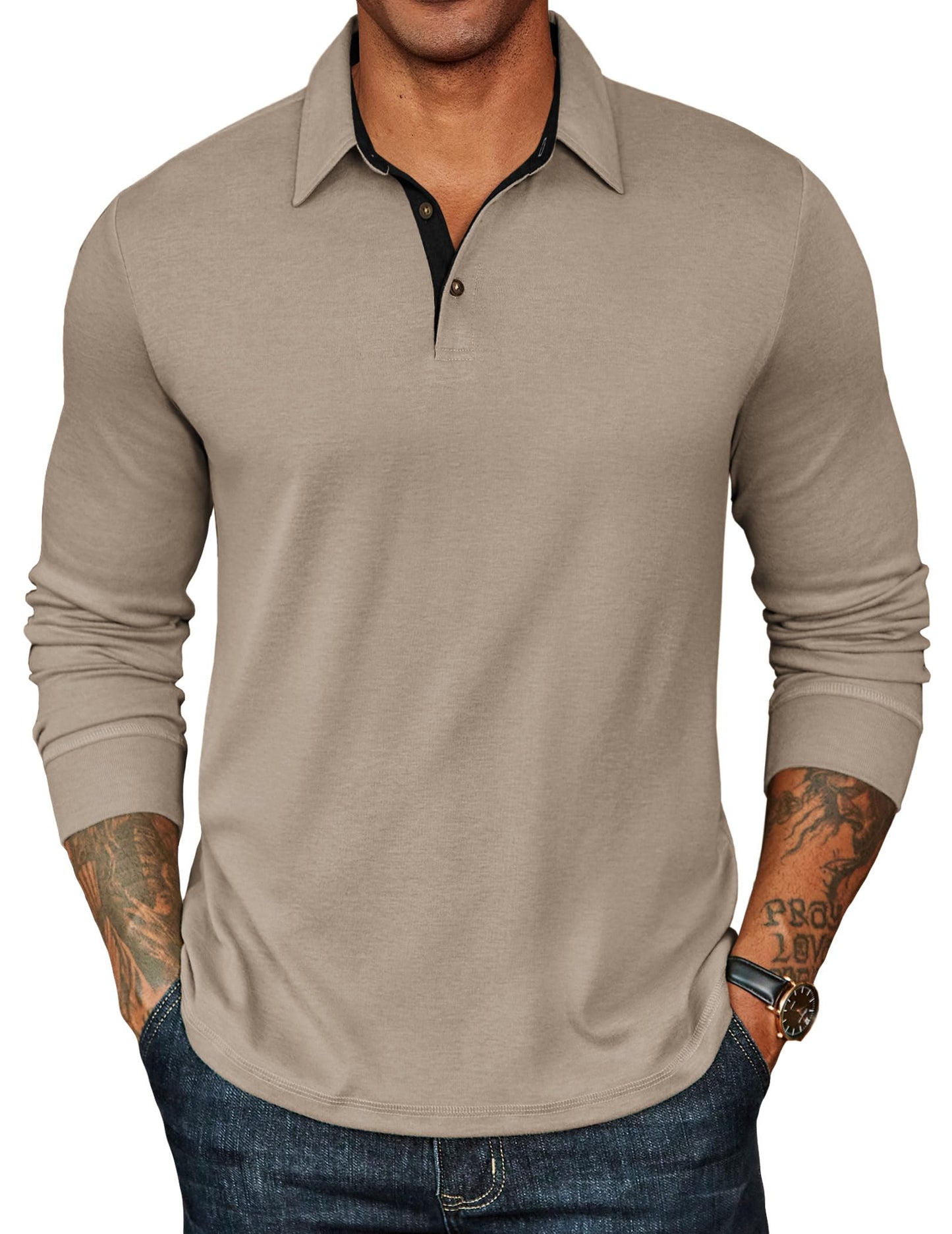 HOTCOOFANDY Mens Long Sleeve Polo Shirts Classic CasualButton Collared PoloTee