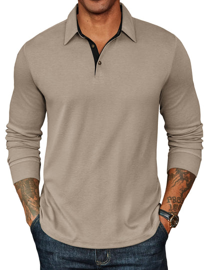 HOTCOOFANDY Mens Long Sleeve Polo Shirts Classic CasualButton Collared PoloTee