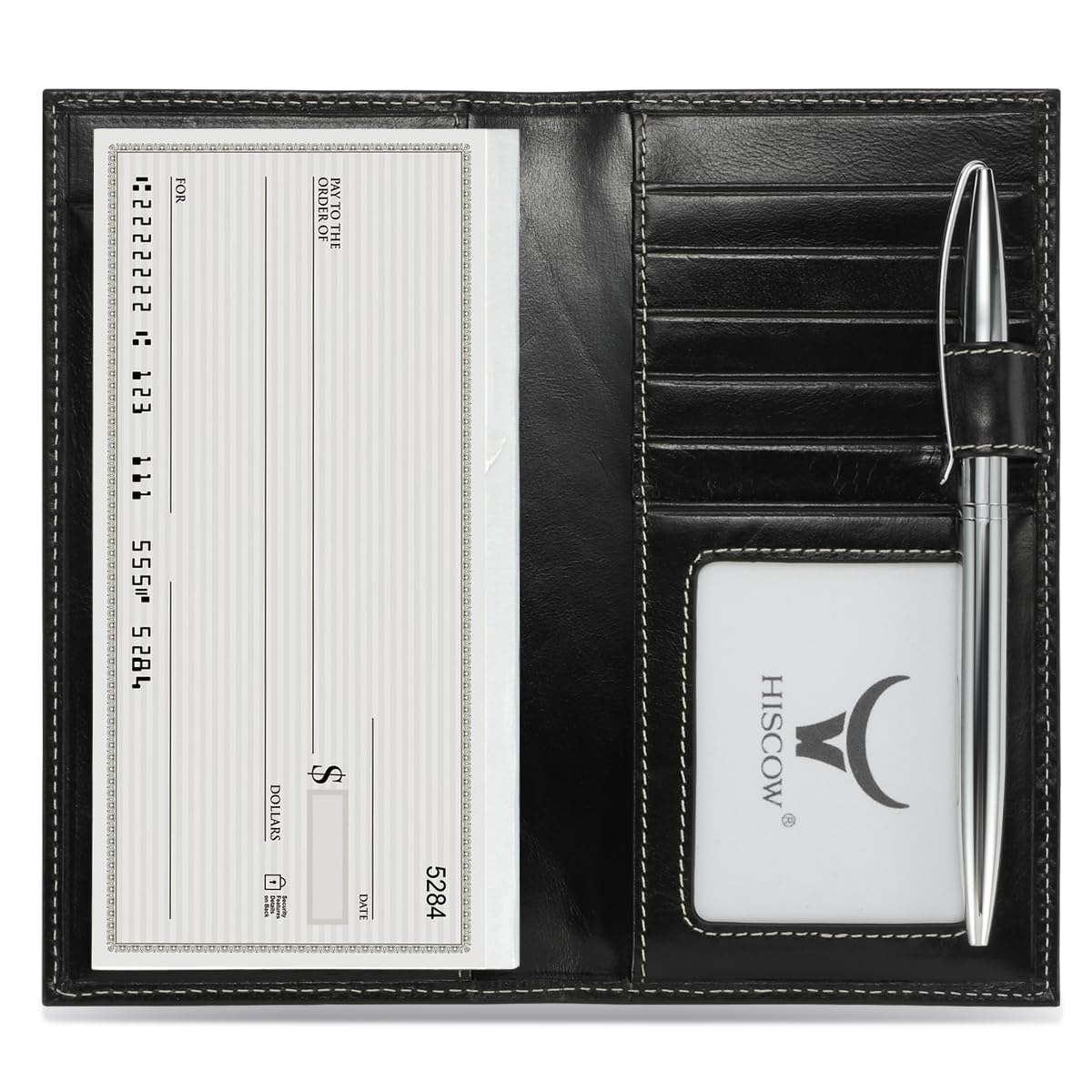 HOTHISCOW Leather Checkbook Cover with Card Slots & Pen Holder, Brown | Full grain cowhide, 5cc & ID window, personal check book & register pockets, removable duplicate divider, gifts for women men