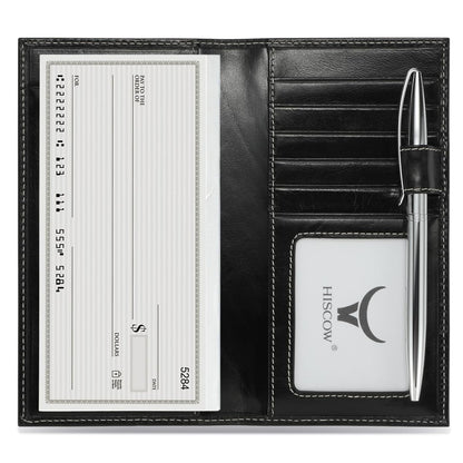 HOTHISCOW Leather Checkbook Cover with Card Slots & Pen Holder, Brown | Full grain cowhide, 5cc & ID window, personal check book & register pockets, removable duplicate divider, gifts for women men