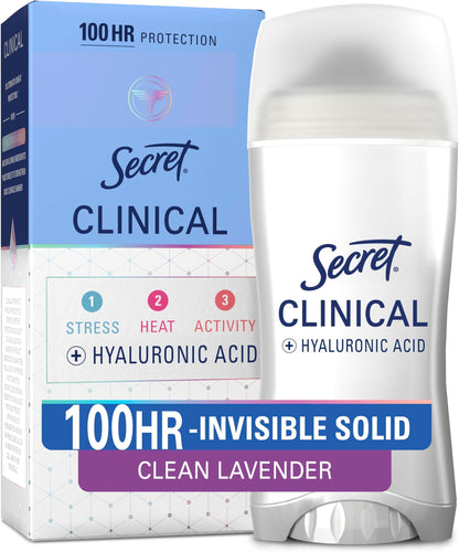 HOTSecret Clinical Strength Invisible Solid Antiperspirant Deodorant for Women, 100HR Sweat & Odor Protection, 3X Stress Protection with Hyaluronic Acid, PH Balanced, Completely Clean Scent, 2.6 oz