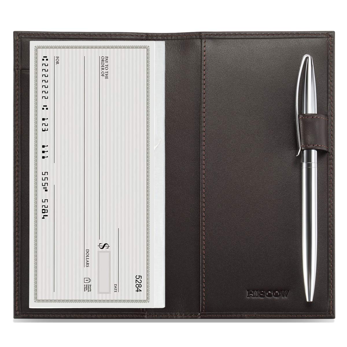 HOTHISCOW Leather Checkbook Cover for Duplicate Checks with Pen Holder | Full grain cowhide, personal check book & register pockets, removable vinyl divider, durable stitching, gifts for women men