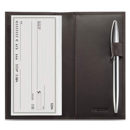 HOTHISCOW Leather Checkbook Cover for Duplicate Checks with Pen Holder | Full grain cowhide, personal check book & register pockets, removable vinyl divider, durable stitching, gifts for women men