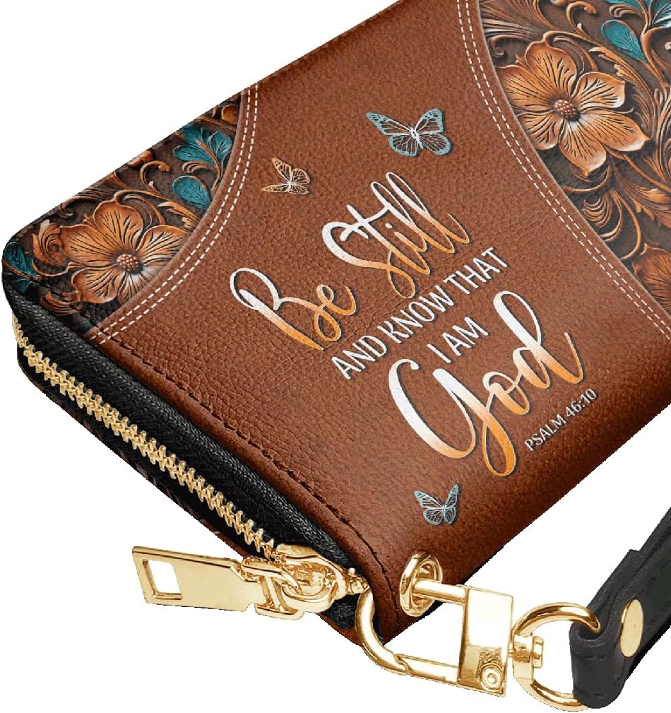 HOTPersonalized Christian Bible Verse Leather Wallet, God Faith RFID Blocking Credit Card Holder Clutch Purse Wristlet, Religious Inspirational Gift for Women Girl (Stillness - Psalm)