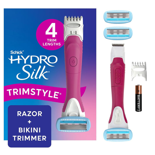 HOTSchick Hydro Silk TrimStyle Razor with Bikini Trimmer for Women | 2-in-1 Bikini Razor for Women and Womens Trimmer for Pubic Hair, Includes 1 Waterproof Handle, 3 Refills & 1 AAA Battery