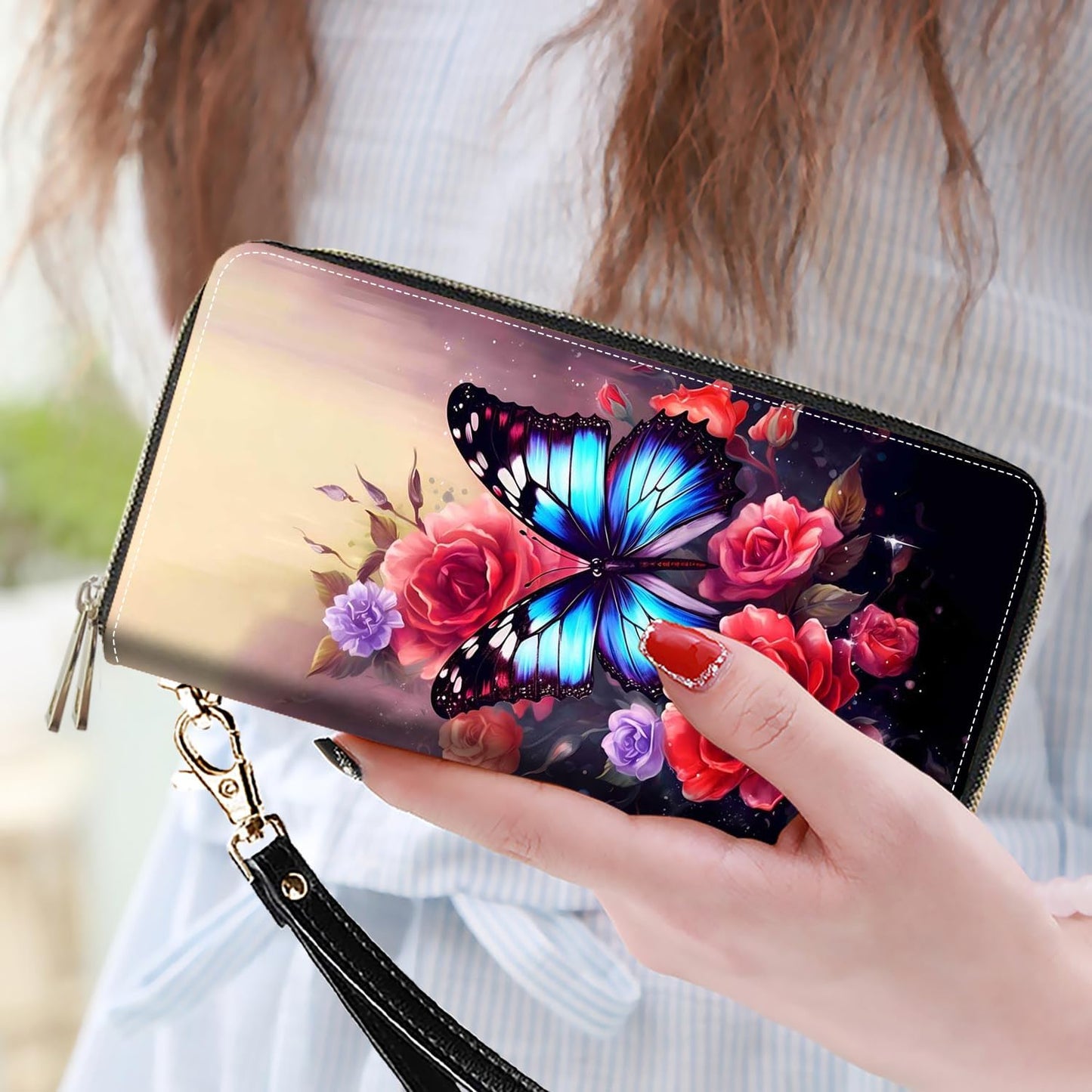 HOTWomen's Large Capacity Wallet PU Leather Double Zipper Clutch Purse Multifunctional Wallet with Removable Wristlet Strap for Smart Phone/Coin/Card/Cash, Flower Butterfly