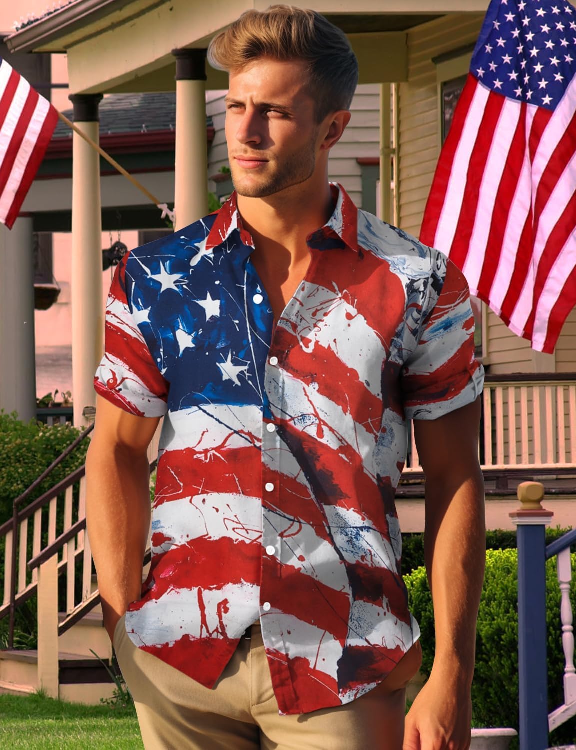 HOTYoimira 4th of July Shirts for Men,Patriotic Grunge Concept USA Flag Button-Down Casual Short Sleeve Hawaiian Shirts for Men