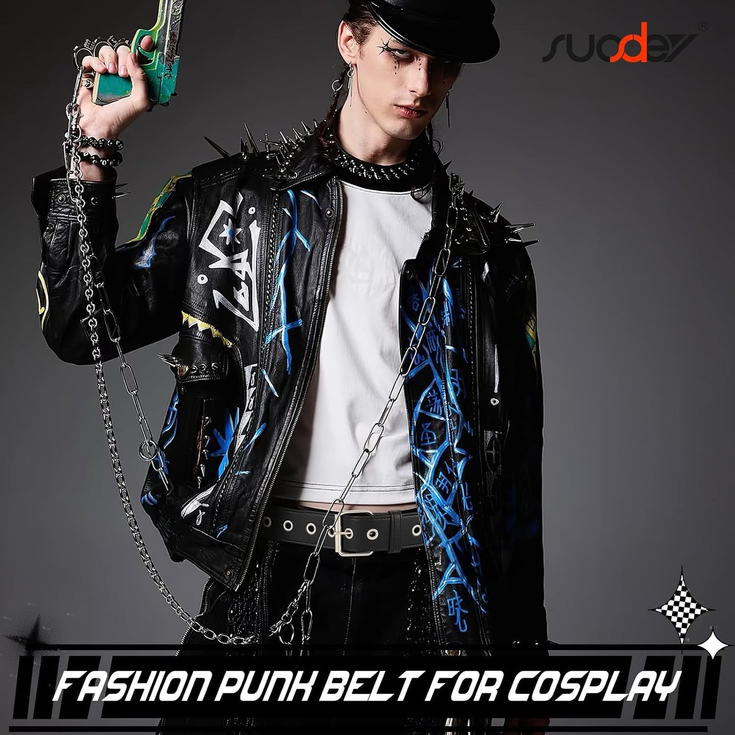 HOTSUOSDEY Black Studded Belt,Y2K Silver Metal Grommet Belt for Men Women Punk Rock Style for Jeans Pants