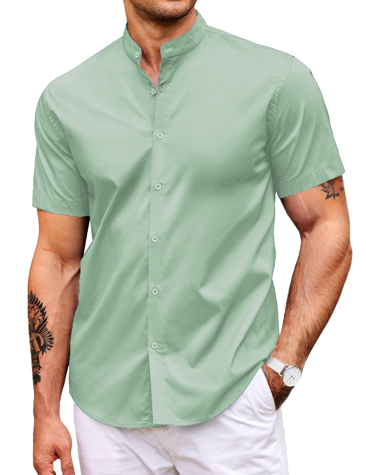 HOTCOOFANDY Muscle Fit Dress Shirts for Men Banded Collar Casual Button Down Shirts