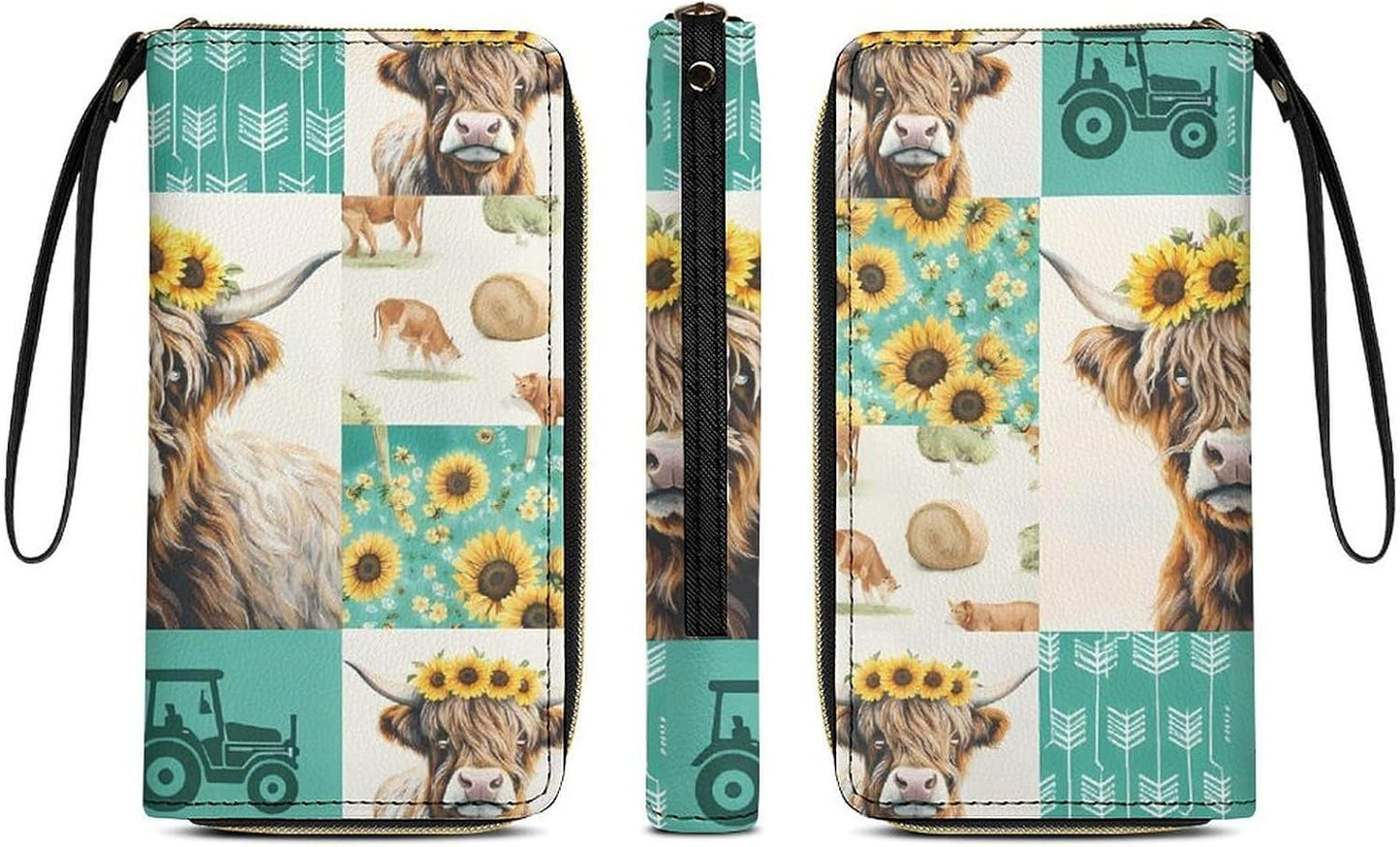 HOTRural Style Highland Cow Sunflower Collage Pattern Clutch Purse Leather Large Capacity Wristlet Leather Wallet