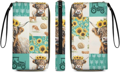 HOTRural Style Highland Cow Sunflower Collage Pattern Clutch Purse Leather Large Capacity Wristlet Leather Wallet