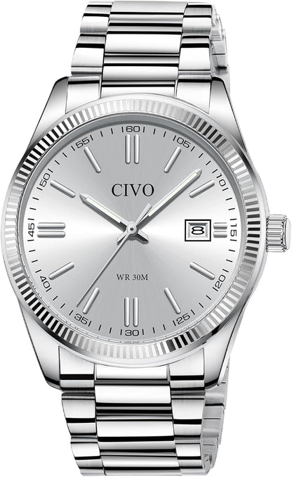 HOTCIVO Analog Mens Watches Silver: Wrist Watches with Date Easy to Read | Dress Stainless Steel Watch for Men, Gifts for Husband Father at Birthday Anniversary