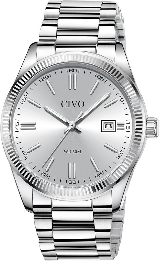 HOTCIVO Analog Mens Watches Silver: Wrist Watches with Date Easy to Read | Dress Stainless Steel Watch for Men, Gifts for Husband Father at Birthday Anniversary
