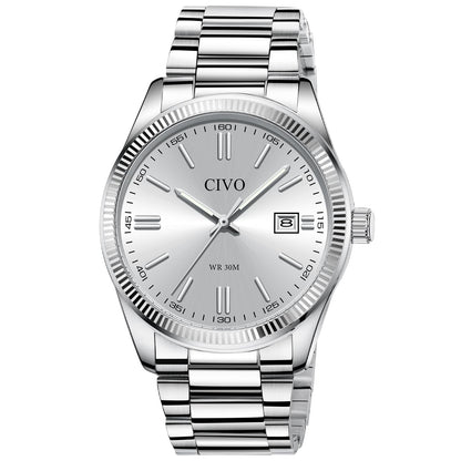 HOTCIVO Analog Mens Watches Silver: Wrist Watches with Date Easy to Read | Dress Stainless Steel Watch for Men, Gifts for Husband Father at Birthday Anniversary