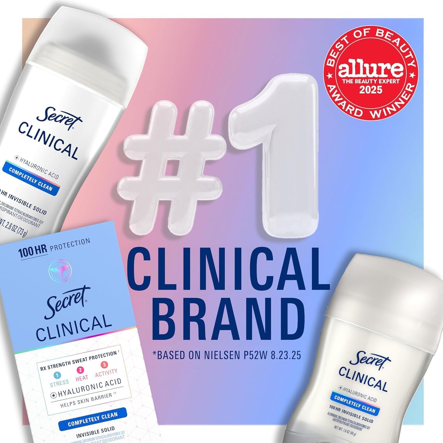 HOTSecret Clinical Strength 100HR Sweat & Odor, Clear Gel Antiperspirant Deodorant for Women, 3X Stress Protection with Hyaluronic Acid, PH Balancing Minerals, Completely Clean Scent, 2.6 oz
