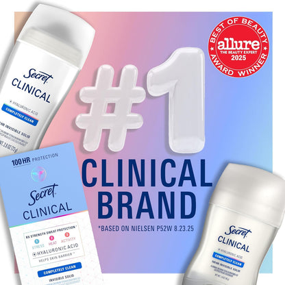 HOTSecret Clinical Strength 100HR Sweat & Odor, Clear Gel Antiperspirant Deodorant for Women, 3X Stress Protection with Hyaluronic Acid, PH Balancing Minerals, Completely Clean Scent, 2.6 oz