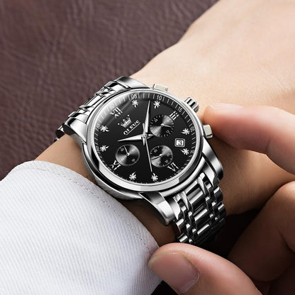 HOTOLEVS Men's Stainless Steel Chronograph Watch, Big Face Gold Silver Black Tone Easy to Read Analog Quartz Watch, Luxury Waterproof Date Diamond Roman Arabic Numerals Dial Dress Watch for Men