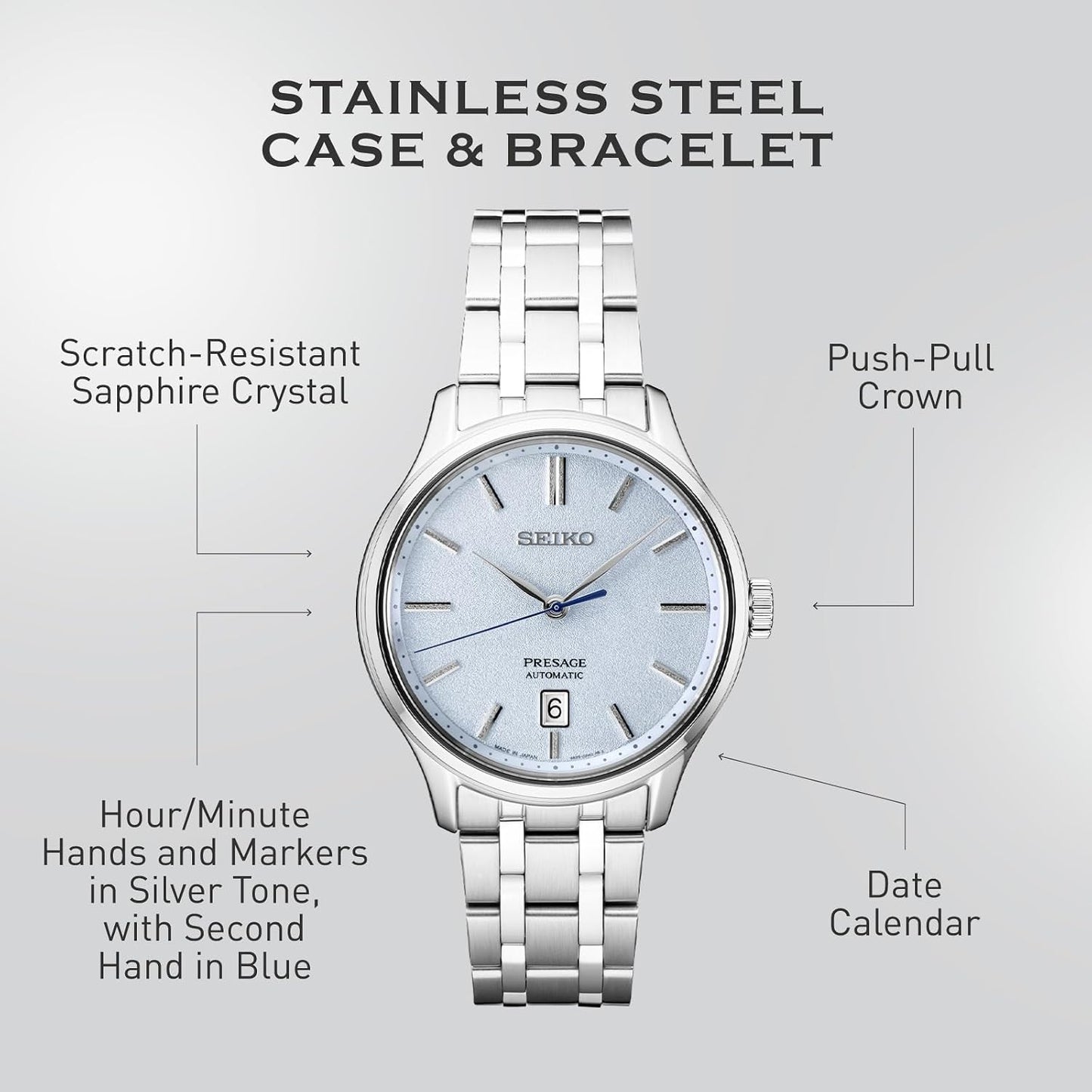 HOTSEIKO SRP53- Presage Collection - Patterned Stone Blue Dial - Stainless Steel Wrist Band, Sapphire Crystal Display - Water-Resistant 30M