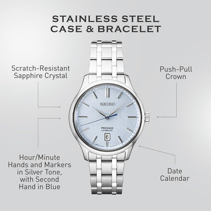 HOTSEIKO SRP53- Presage Collection - Patterned Stone Blue Dial - Stainless Steel Wrist Band, Sapphire Crystal Display - Water-Resistant 30M
