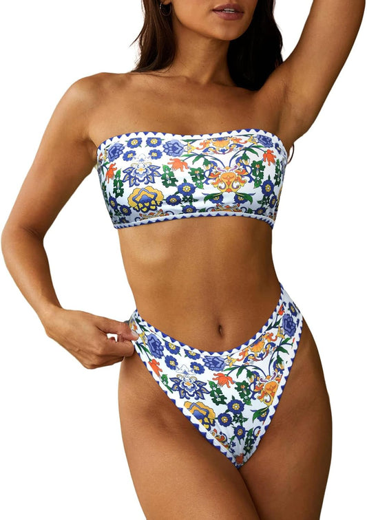 HOTZAFUL Women Strapless Bandeau Bikini 2 Piece Swimwear Lace up Bathing Suits | Strapless Textured Bikini Set Cheeky Solid Bandeau Bathing Suits