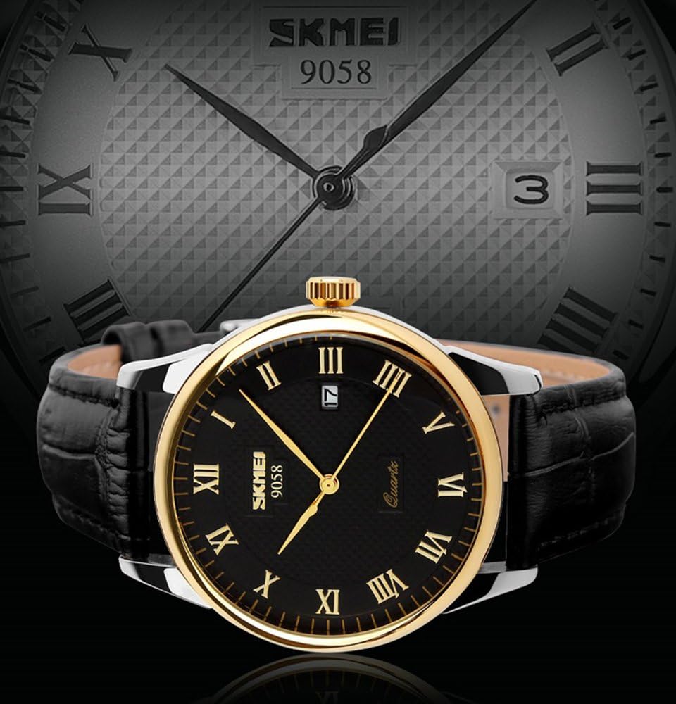 HOTSKMEI Business Men’s Quartz Wristwatches Roman Numeral Leather Band Casual Water Resist Analog Watches