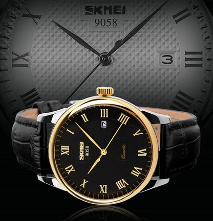 HOTSKMEI Business Men’s Quartz Wristwatches Roman Numeral Leather Band Casual Water Resist Analog Watches