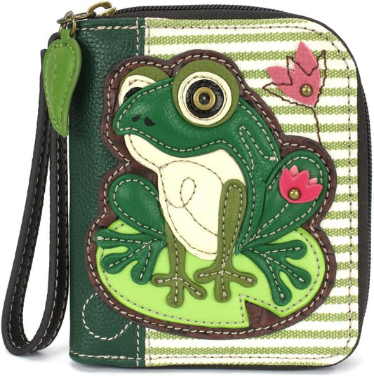 HOTCHALA Zip Around Wallet, Wristlet, 8 Credit Card Slots, Sturdy Pu Leather - Lily Frog - green stripe