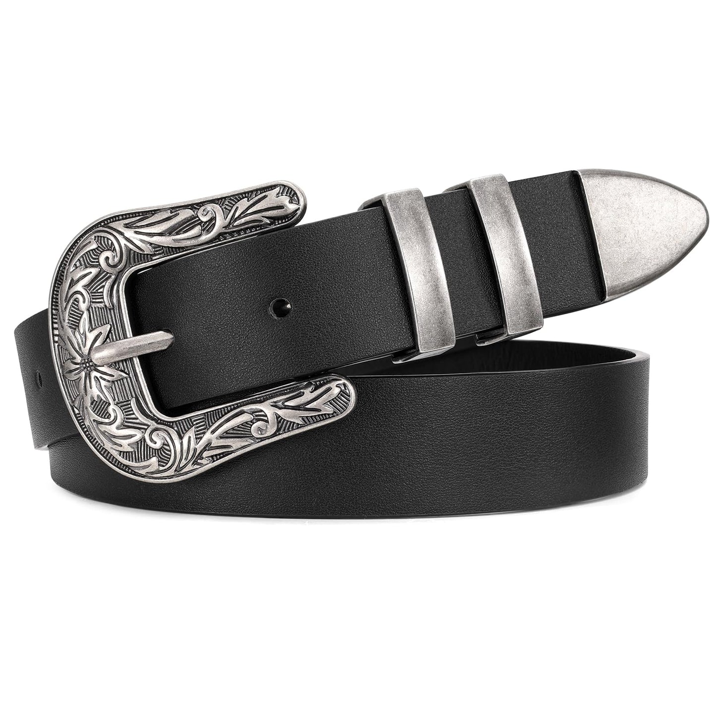 HOTJASGOOD Women Leather Belts Ladies Vintage Western Design Black Waist Belt for Pants Jeans Dresses