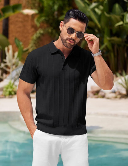 HOTCOOFANDY Mens Knit Polo Shirts Short Sleeve Ribbed Textured Polo Shirt Lightweight Casual Golf Shirts Collared T Shirt