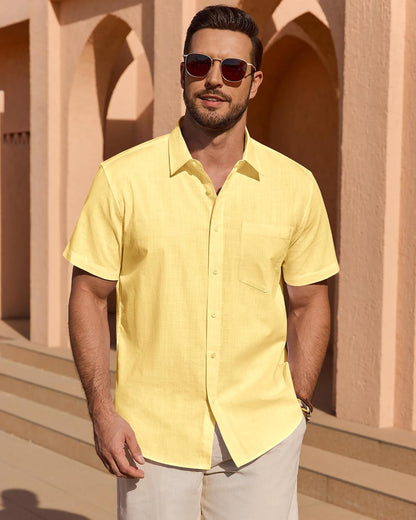 HOTMens Linen Textured Shirt Cotton Short Sleeve Summer Button Down Shirts | 100% Cotton, Linen-look Texture, Casual Wear, Breathable Feel, Lightweight, Untucked, Regular Fit, Beach, Vacation, Resort
